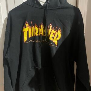 Thrasher Black Hoodie with Yellow Flame Design